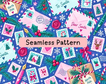 Letters to Santa Seamless Pattern, Christmas Mail Digital Paper, North Pole Envelopes, Holiday Fabric, Wrapping Paper and Sublimation Crafts