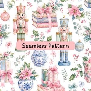 May include: A seamless pattern featuring watercolour illustrations of nutcrackers in pink and blue, stacks of books tied with pink ribbons, blue and white patterned jars, poinsettia flowers, Christmas ornaments, and holly sprigs on white.