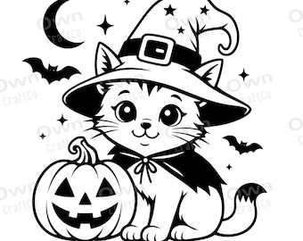 Cute Halloween Cat SVG, Witch Cat PNG, Pumpkin Cut File, Spooky Kitty Cricut Design, Halloween Shirt Sublimation DTF Digital Download Bundle