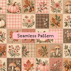 May include: A seamless pattern featuring a grid of squares with autumn-themed illustrations including pink pumpkins, brown acorns, red berries, mushrooms, and fall leaves, set against plaid and checkered backgrounds with the text Seamless Pattern.