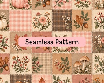 Fall Patchwork Seamless Pattern, Pumpkin Mushroom Acorn Digital Paper, Vintage Cottagecore Autumn Floral Plaid Fabric Sublimation Background