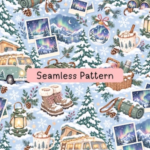 May include: A seamless pattern featuring winter elements including a light green camper van, snow-covered pine trees, polaroid photos of the aurora borealis, mugs of hot cocoa, winter boots, a picnic basket, and a lantern on a light blue background.