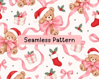 Christmas Teddy Bear Seamless Pattern, Pink Bow Coquette Digital Paper, Cute Holiday Fabric Print, Wrapping Paper and Sublimation Background