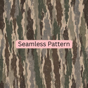 May include: A seamless pattern featuring vertical, irregular stripes in shades of dark brown, olive green, light beige, and muted gray. The design has a distressed, textured appearance throughout. A pink rectangular label displays the text Seamless Pattern.