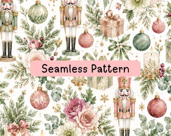 Nutcracker Christmas Seamless Pattern, Pink Floral Holiday Digital Paper, Watercolor Holly Ornaments, Fabric & Wrapping Paper, Two-Scale JPG
