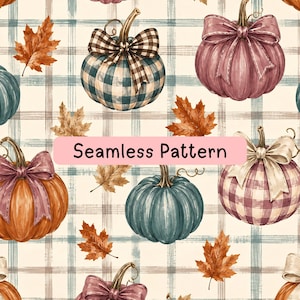 May include: A seamless pattern featuring illustrated pumpkins in shades of orange, teal, and mauve, accented with plaid bows and brown autumn leaves. The background consists of a light cream grid pattern with the text Seamless Pattern centred.