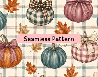 Pumpkin Seamless Pattern, Coquette Fall Digital Paper, Plaid Pumpkins and Bows, Autumn Leaves Fabric Print, Two Scale JPG, Rustic Fall Paper
