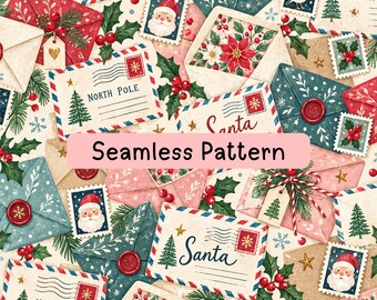Christmas Mail Seamless Pattern, Letters to Santa Digital Paper, Vintage North Pole Envelopes, Holiday Fabric and Wrapping Paper, Gift Wrap