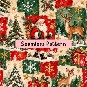 Könnte beinhalten: Ein nahtloses Muster mit dem Weihnachtsmann samt Sack, Rentieren, geschmückten Tannenbäumen, roten Geschenken mit goldenen Schleifen und glitzernden Schneeflocken auf einem Patchwork-Hintergrund aus roten, grünen und cremefarbenen Quadraten.