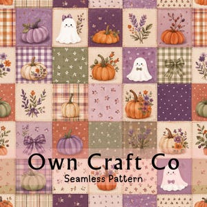 May include: A seamless fabric pattern featuring a grid of squares with illustrations of pumpkins, ghosts, floral sprigs, and bows in muted autumn colours. The text Own Craft Co Seamless Pattern is overlaid in black across the centre of the image.