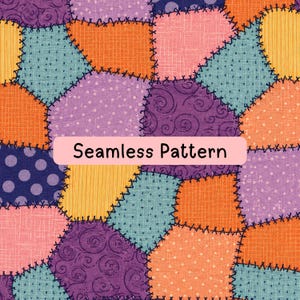 Peut inclure: Un motif de tissu patchwork composé de formes irrégulières orange, violettes, roses et bleu sarcelle avec des textures variées comme des pois, des spirales et des rayures. Chaque section est unie par des points de croix bleu foncé. Texte Seamless Pattern.