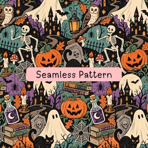 May include: A seamless pattern featuring Halloween imagery including skeletons, jack-o'-lanterns, ghosts, black cats, owls, haunted houses, tombstones, spell books, potion bottles, candles, and spiderwebs on a dark background with purple accents.