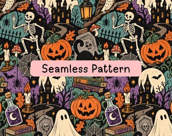 Halloween Seamless Pattern, Vintage Spooky Digital Paper, Ghost Pumpkin Skeleton Black Cat, Haunted Houses Fabric Sublimation Scrapbook Wrap