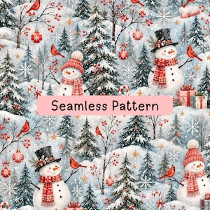 May include: A seamless pattern featuring snowmen wearing red knit hats or black top hats with red scarves, red cardinals, pine trees, snowflakes, red ornaments, candy canes, and gift boxes. The text Seamless Pattern is centered.