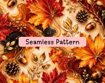 Autumn Maple Leaf Seamless Pattern, Elegant Fall Digital Paper, Acorn Pinecone Botanical Fabric, Sublimation Background & Wrapping Paper PNG