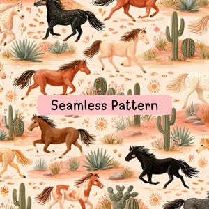 May include: A seamless pattern featuring various horses in motion, including black, brown, white, and spotted coats, set against a desert landscape with green cacti, succulents, and sun icons. The text Seamless Pattern is centered in a pink box.