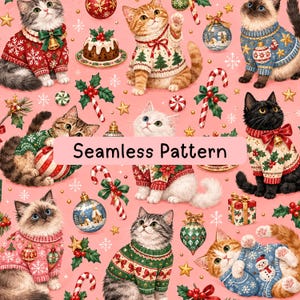 以下が含まれることがあります： ピンクの背景に、クリスマスセーターを着た様々な猫、クリスマスオーナメント、キャンディケイン、ヒイラギの小枝、ギフトボックス、雪の結晶が描かれたシームレスなパターン。中央に「Seamless Pattern」というテキストがあります。