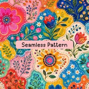 May include: A vibrant, colorful seamless pattern featuring stylized floral motifs, including large pink and yellow blossoms, blue berries, and green foliage. The design is composed of organic, interlocking shapes with white dashed outlines and the text Seamless Pattern.