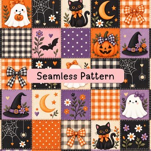 May include: A seamless pattern featuring a grid of squares with Halloween motifs including ghosts, black cats, pumpkins, witch hats, spiders, webs, moons, and bows in orange, black, purple, and white. The text Seamless Pattern is centered.