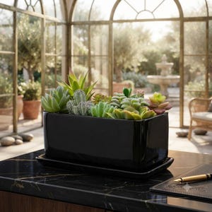 May include: A rectangular black ceramic planter with a matching saucer, filled with a variety of green and light pink succulents and small cacti. The planter has a smooth, glossy finish and sits on a dark surface with gold veining.