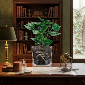 May include: A clear glass cylindrical planter with a raised base containing a green leafy plant with visible roots in dark soil. The planter sits on a wooden desk surface alongside a glass decanter, a magnifying glass, and two books.