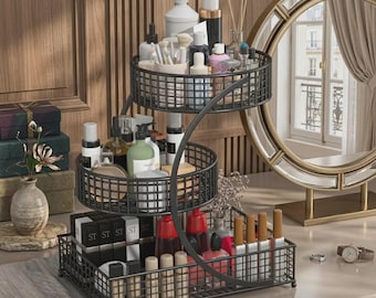 3-Tier White Makeup Organizer – Metal Vanity Counter Storage Shelf for Bathroom