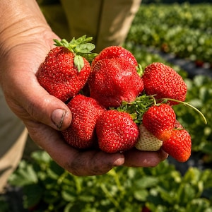 May include: A cluster of fresh, ripe strawberries with vibrant red skin and green leafy stems held in a palm. The collection includes several large, plump berries and one smaller, partially white, unripe strawberry among the red ones.
