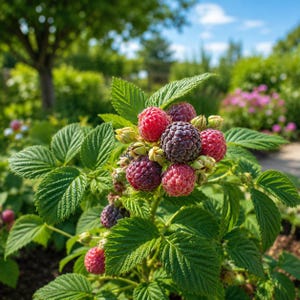 May include: A cluster of ripe raspberries in various stages of maturity, ranging from bright red to deep dark purple, attached to a green stem with serrated leaves. The berries have a textured, bumpy surface and are surrounded by small green buds.