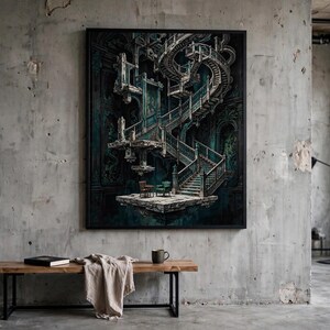 Könnte beinhalten: Ein rechteckiger Wandkunstdruck mit einer surrealen, dunkel gehaltenen architektonischen Illustration einer komplexen, mehrstöckigen Wendeltreppe, die im Leeren schwebt, mit zwei kleinen Stühlen auf einer steinernen Plattform am Treppenfuß.