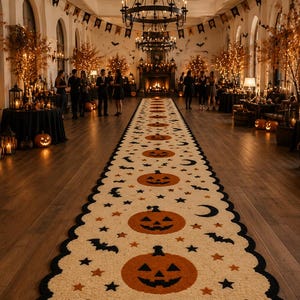 Peut inclure: Un long tapis de couloir rectangulaire au fond crème, orné d'un motif répétitif de citrouilles d'Halloween orange, de chauves-souris noires, de croissants de lune noirs et de petites étoiles orange et noires, avec une bordure festonnée noire.