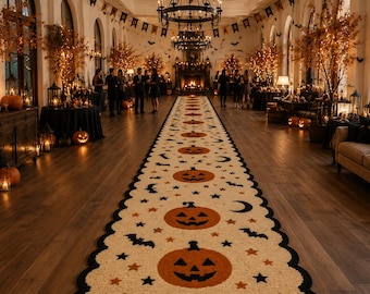 May include: A long, rectangular runner rug featuring a cream-colored background with a repeating pattern of orange jack-o'-lanterns, black bats, black crescent moons, and small orange and black stars, finished with a scalloped black border edge.