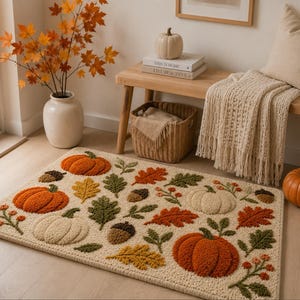 May include: A rectangular area rug featuring a textured, tufted design with a cream-coloured background. The pattern displays orange and cream pumpkins, brown acorns, and various autumn leaves in shades of orange, yellow, and green, along with small red berry sprigs.
