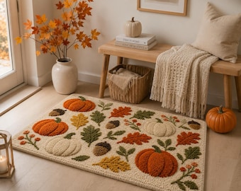 May include: A rectangular area rug featuring a textured, tufted design with a cream-colored background. The pattern displays orange and cream pumpkins, brown acorns, and various autumn leaves in shades of orange, yellow, and green, along with small red berry sprigs.