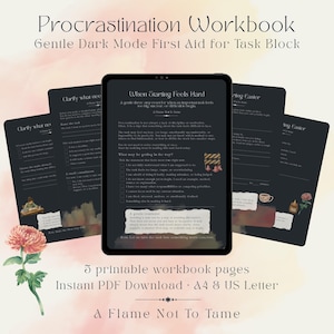 Könnte beinhalten: Ein digitales Arbeitsbuch mit dem Titel Procrastination Workbook Gentle Dark Mode First Aid for Task Block, bestehend aus fünf dunkel gestalteten, druckbaren Seiten mit Text, Kontrollkästchen und Illustrationen. Formate A4 und US Letter von A Flame Not To Tame.