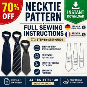 Peut inclure: Un patron de couture numérique pour cravate présentant trois exemples de cravates finies en bleu marine uni, bleu marine à rayures diagonales et gris anthracite. Le graphique inclut le texte NECKTIE PATTERN, FULL SEWING INSTRUCTIONS, et STEP-BY-STEP GUIDE, avec des icônes pour les formats PDF, A4, US Letter et A0.