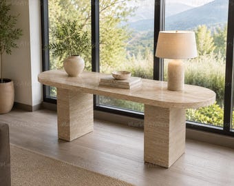 Travertine Console Table | Natural Stone Oval Entryway Table | Modern Marble Console | Minimalist Hallway Furniture | Custom Sofa Table