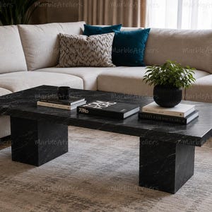 Black Spider Marble Coffee Table | Rectangular Natural Stone Center Table | Block Base Low Table | Modern Luxury Living Room Furniture