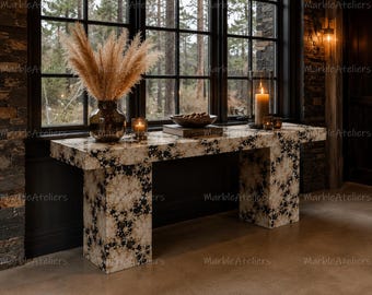 Breccia Marble Console Table | Mosaic Circle Stone Sofa Table | Luxury Natural Gemstone Entryway Table | Handmade Marble Hallway Furniture