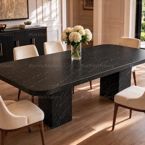 Black Spider Marble Dining Table | Rounded Rectangular Marble Table | Luxury Pedestal Dining Table | Custom Stone Kitchen Furniture
