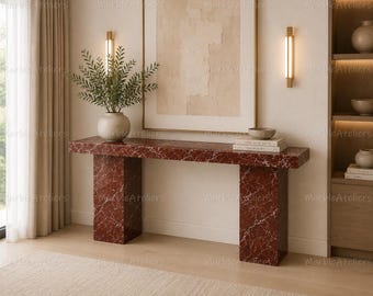 Rosso Levanto Marble Console Table | Red Marble Entryway Table | Modern Luxury Sofa Table | Custom Stone Block Console Marble Console Table
