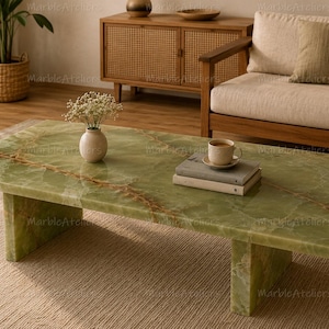 Green Onyx Rectangular Coffee Table, Solid Stone Plinth Base, Modern Luxury Living Room Decor