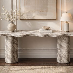 Organic Calacatta Viola Marble Console Table | Curved Entryway Table, Fluted Base