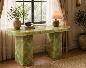 Green Onyx Console Table, Lighted Natural Stone Entryway, Luxury Hallway Console