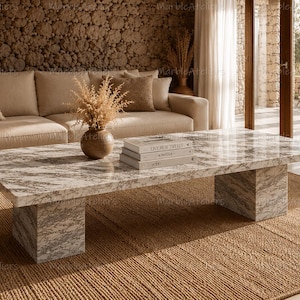 Carrara Marble Coffee Table | Rectangular Low Plinth Center Table | Modern White Natural Stone Coffee Table | Custom Handmade Furniture