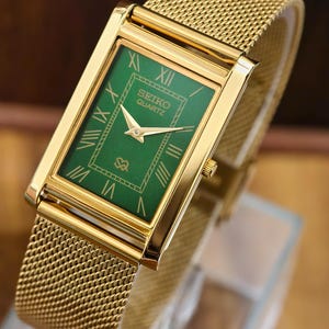 Vintage Seiko Slim Tank Quartz Watch, Green Dial Gold Plated Mesh Bracelet, Rectangular Roman Numeral  Classic Dress Watch