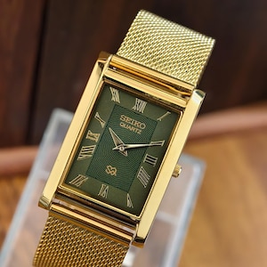 Vintage Seiko Tank Green Dial Quartz Watch, Gold Plated Mesh Bracelet, Rectangular Roman Numeral  Classic Dress Watch