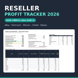 Reseller Spreadsheet 2026 Inventory Tracker eBay Poshmark Mercari Vinted Depop Sales Profit Tax Template Excel Google Sheets 1099K Log