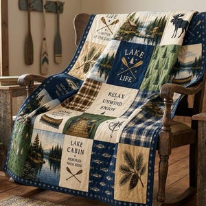 May include: A patchwork quilt featuring a variety of outdoor-themed squares, including illustrations of a moose, pine trees, a canoe, and crossed oars. The text includes phrases like "Lake Life," "Relax Unwind Enjoy," and "Lake Cabin Memories Made Here."