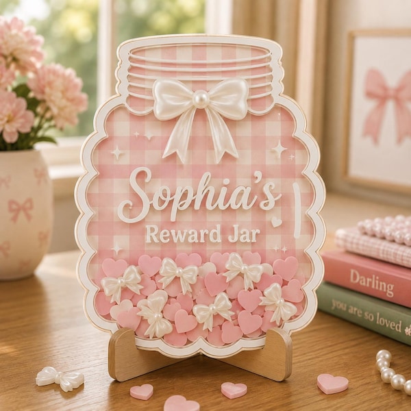 Personalized Pink Gingham Bow Reward Jar, Custom Heart Classroom Behavior Tracker, Teacher Appreciation Gift, Kids Wooden Token System