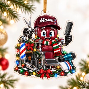 Personlig julgransprydnad till barberare, present till barbershop med eget namn, juldekoration till barberstol, minnessak till hårstylist
